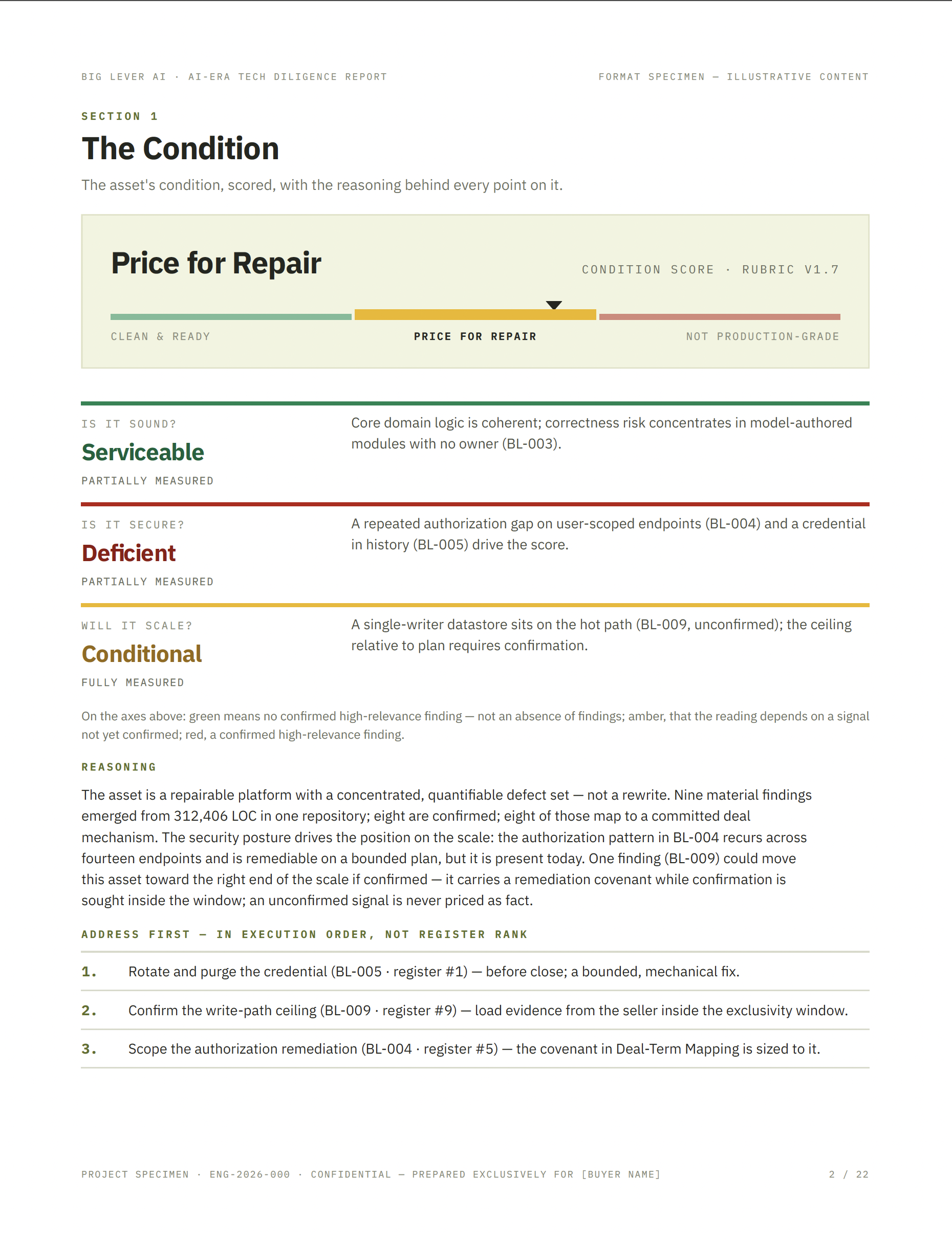 Illustrative Big Lever AI report page showing software condition, repair exposure, supporting reasoning and coverage limits.